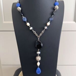 Laura Ashley Blue Stone & Freshwater Pearl Lariat Pendant style Necklace